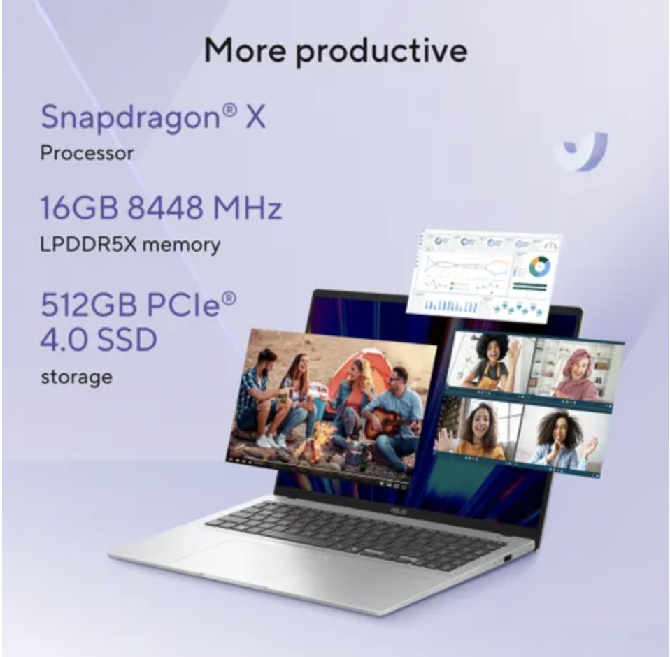 ASUS Vivobook 16, AI Powered Laptop, Snapdragon X X1 26 100 (16GB/512GB/Qualcomm Adreno GPU/40.64 cm